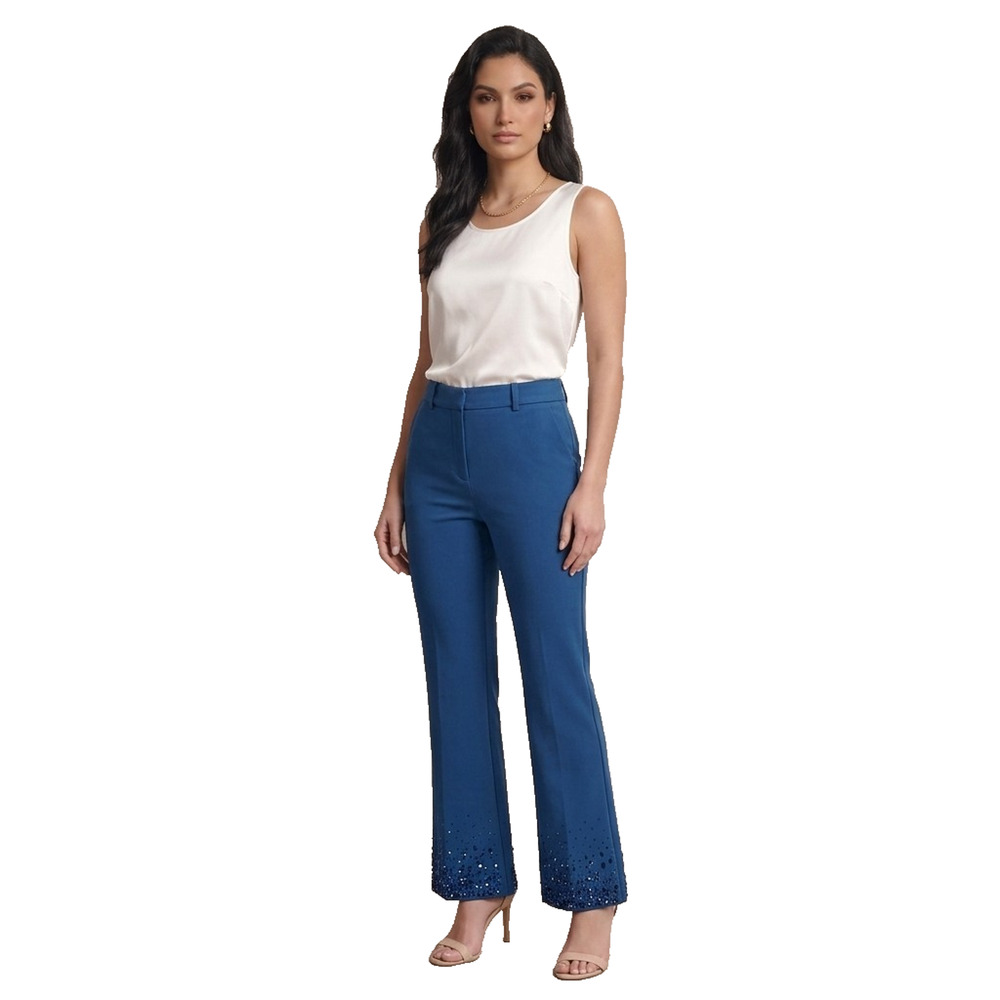 Anne Klein Crop Pants Womens 8 Baltic Teal Stretch Flare Leg Embellished Hem NWT